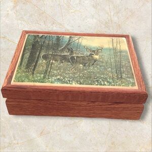HADLEY HOUSE Vintage White-tailed Deer Oak Trinket Box with Velvet Lining.